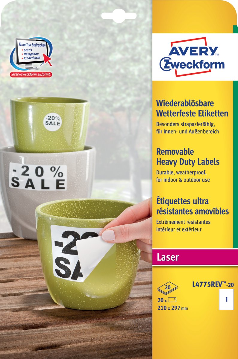 Avery L4775Rev-20 slitstarka etiketter, 210x297 mm