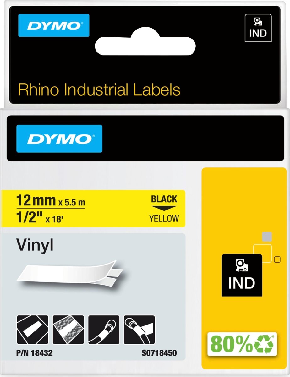 Dymo Rhino Vinyltape 12mm, sort på gul