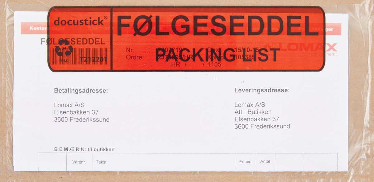 Följesedelsficka, “Följesedel/Packing list”, C65,