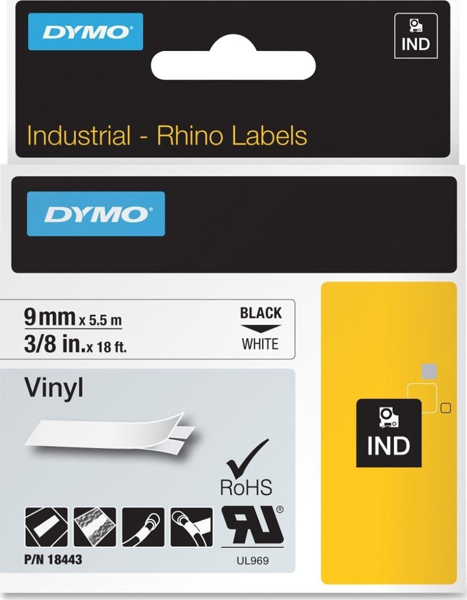 Dymo Rhino Vinyltape 9mm, sort på hvid