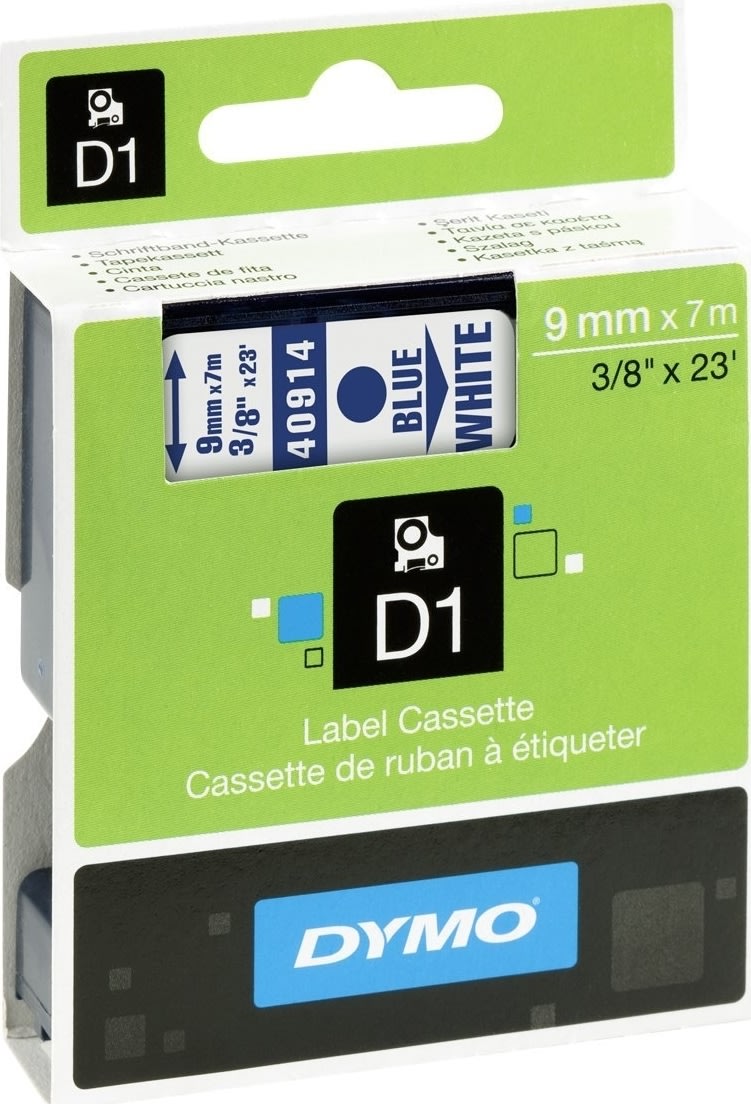 Dymo D1 labeltape 9mm, blå på hvid