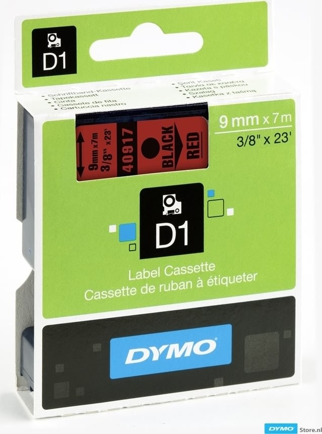 Dymo D1 labeltape 9mm, sort på rød