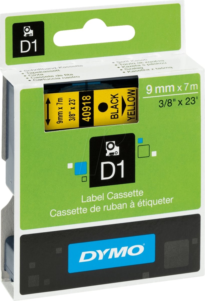 Dymo D1 labeltape 9mm, sort på gul