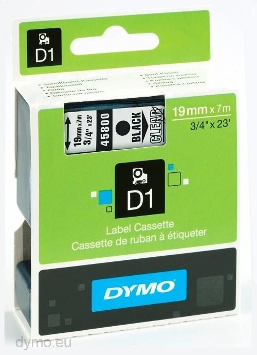 Dymo D1 labeltape 19mm, sort på klar