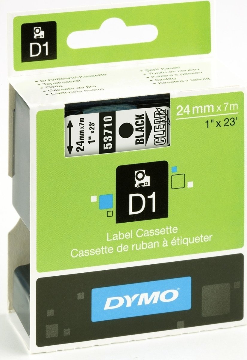 Dymo D1 labeltape 24mm, sort på klar