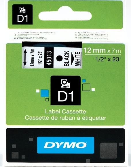 Dymo D1 labeltape 12mm, hvid på klar