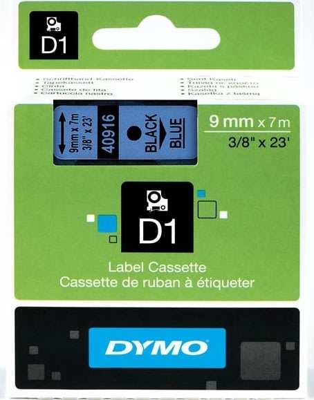 Dymo D1 labeltape 9mm, sort på blå