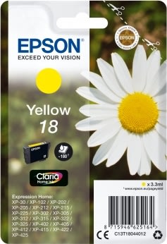 Epson 18/C13T18044022 gul blækpatron, 180s m/alarm