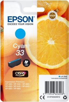 Epson C13T33424022 blækpatron, blå m/alarm
