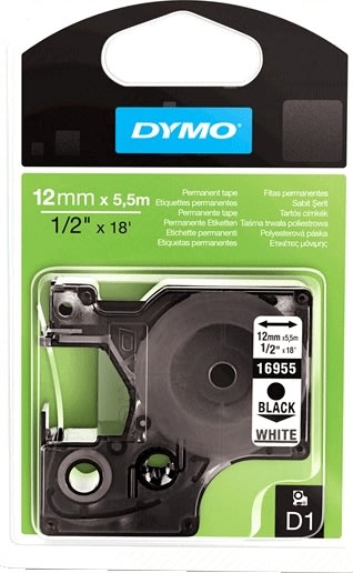 Dymo D1 polyestertape 12 mm, sort på hvid