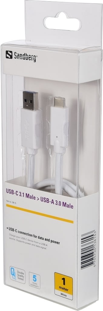 Sandberg USB-C 3.1 til USB-A 3.0 kabel, hvid (1m)