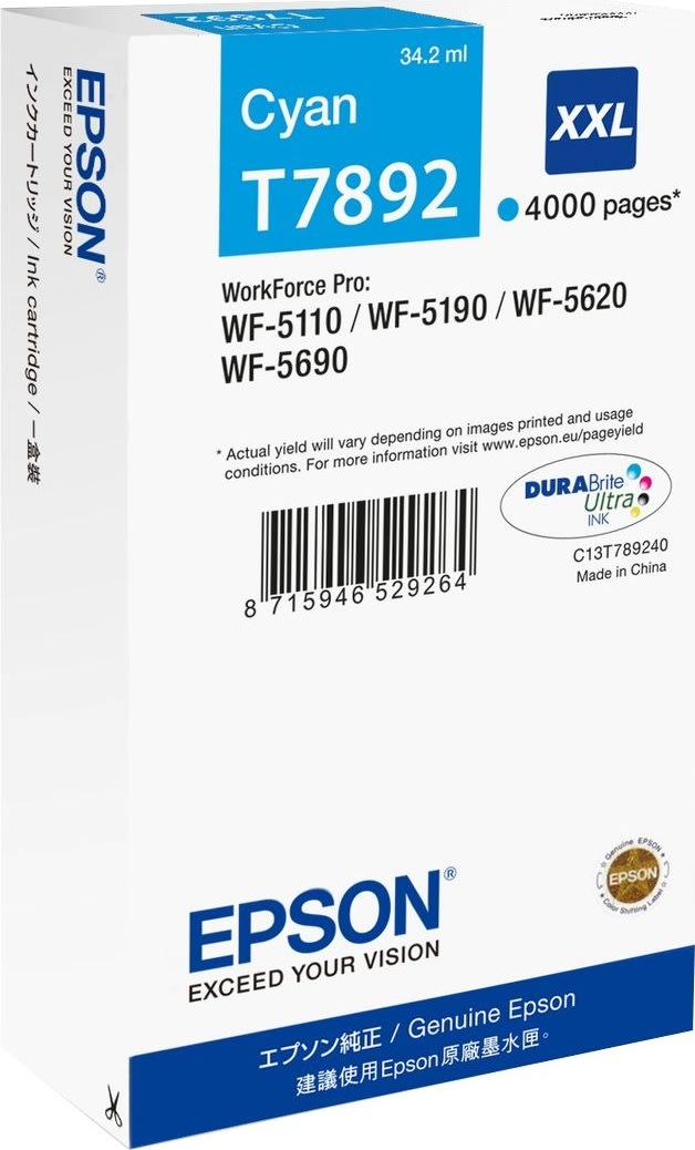 Epson T7892/C13T789240 XXL blækpatron, blå, 4000s