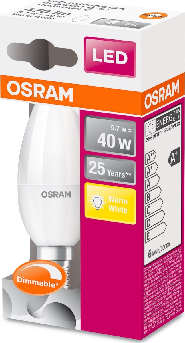 Osram LED Kronljus E14, 6 W = 40 W, dimbar