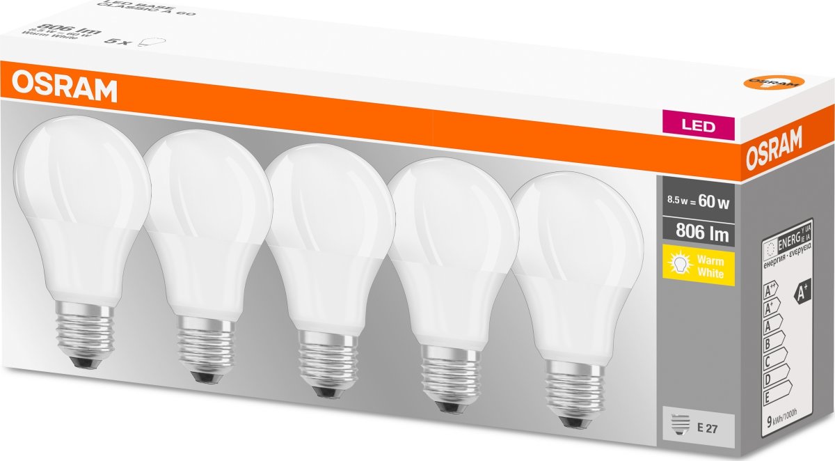 Osram LED Standardlampa E27, 8,5 W = 60 W, 5-pack