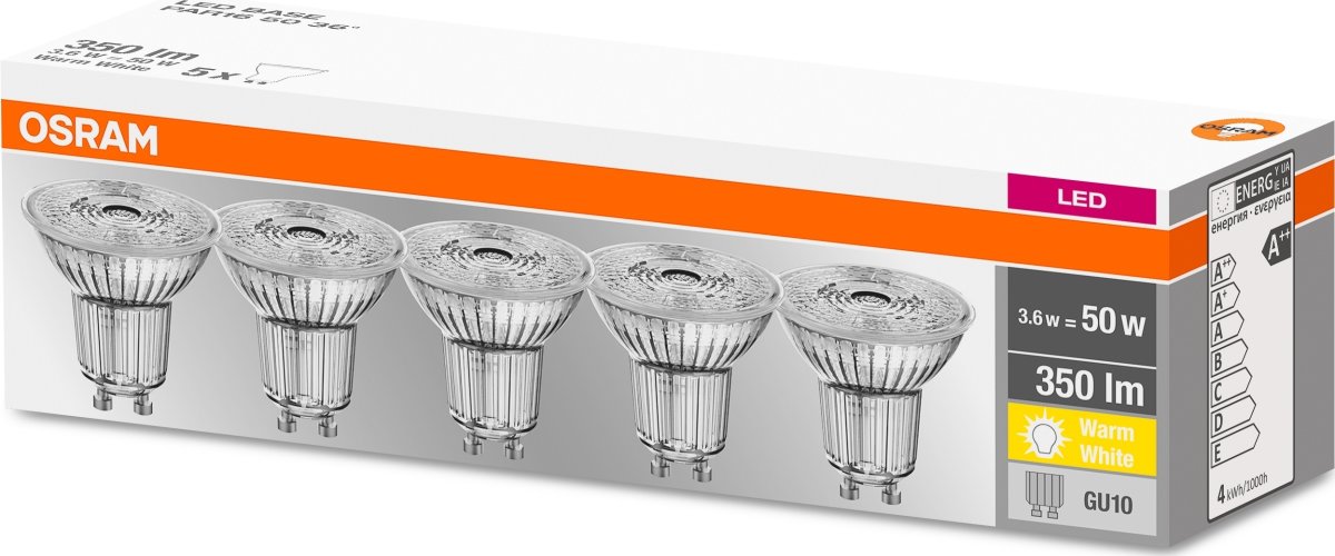 Osram LED spotlight GU10, 3,6 W = 50 W, 5-pack