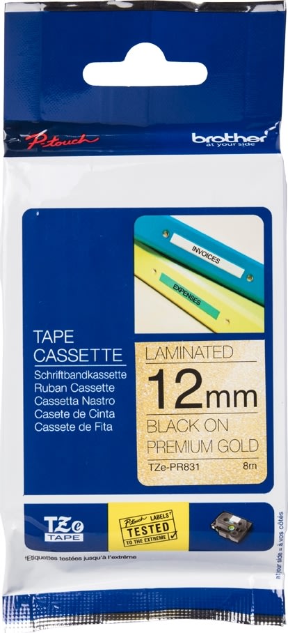 Brother TZe-PR831 etikettape, 12 mm, svart på guld