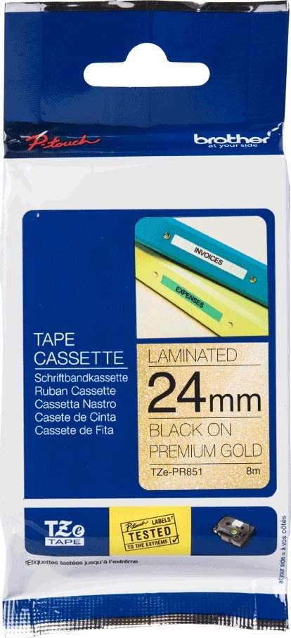 Brother TZe-PR851 labeltape, 24mm, sort på guld