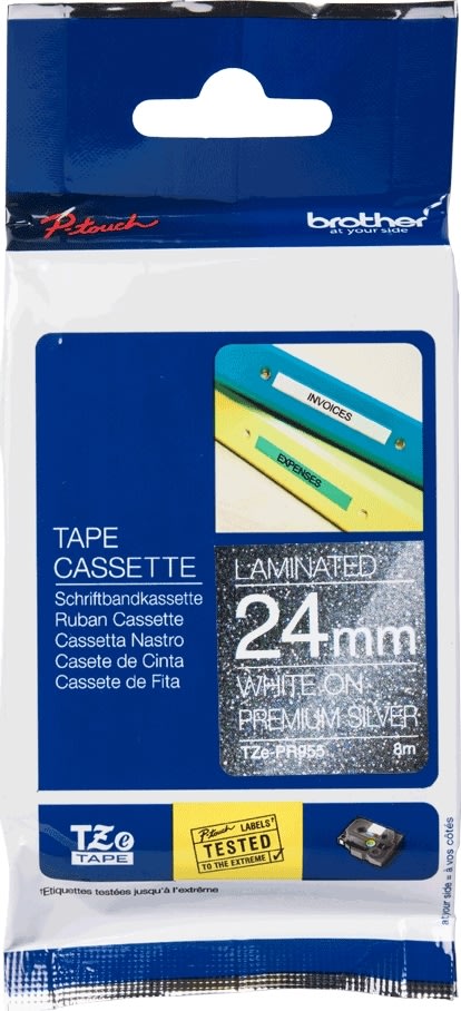 Brother TZe-PR955 etikettape, 24 mm, vit på silver
