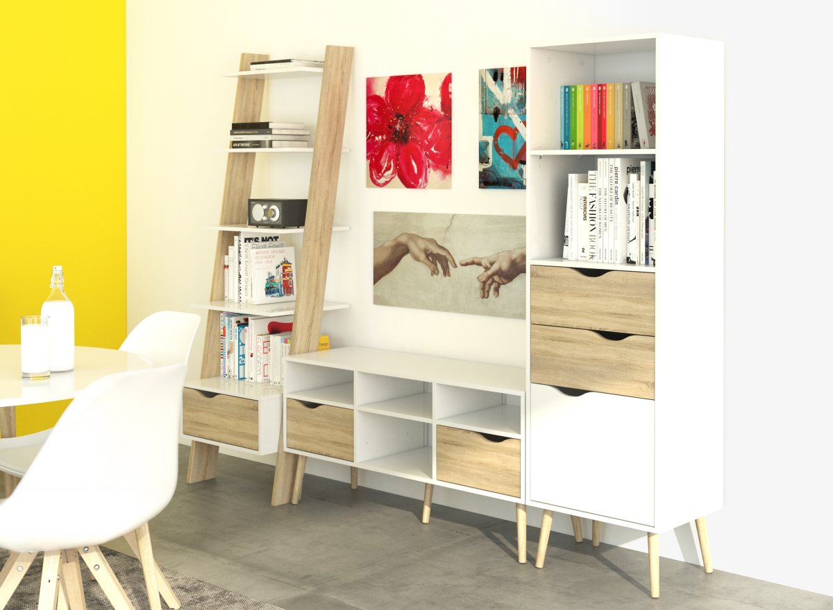 BudgetLine Reol m. 2 skuffer og låge, hvid/eg