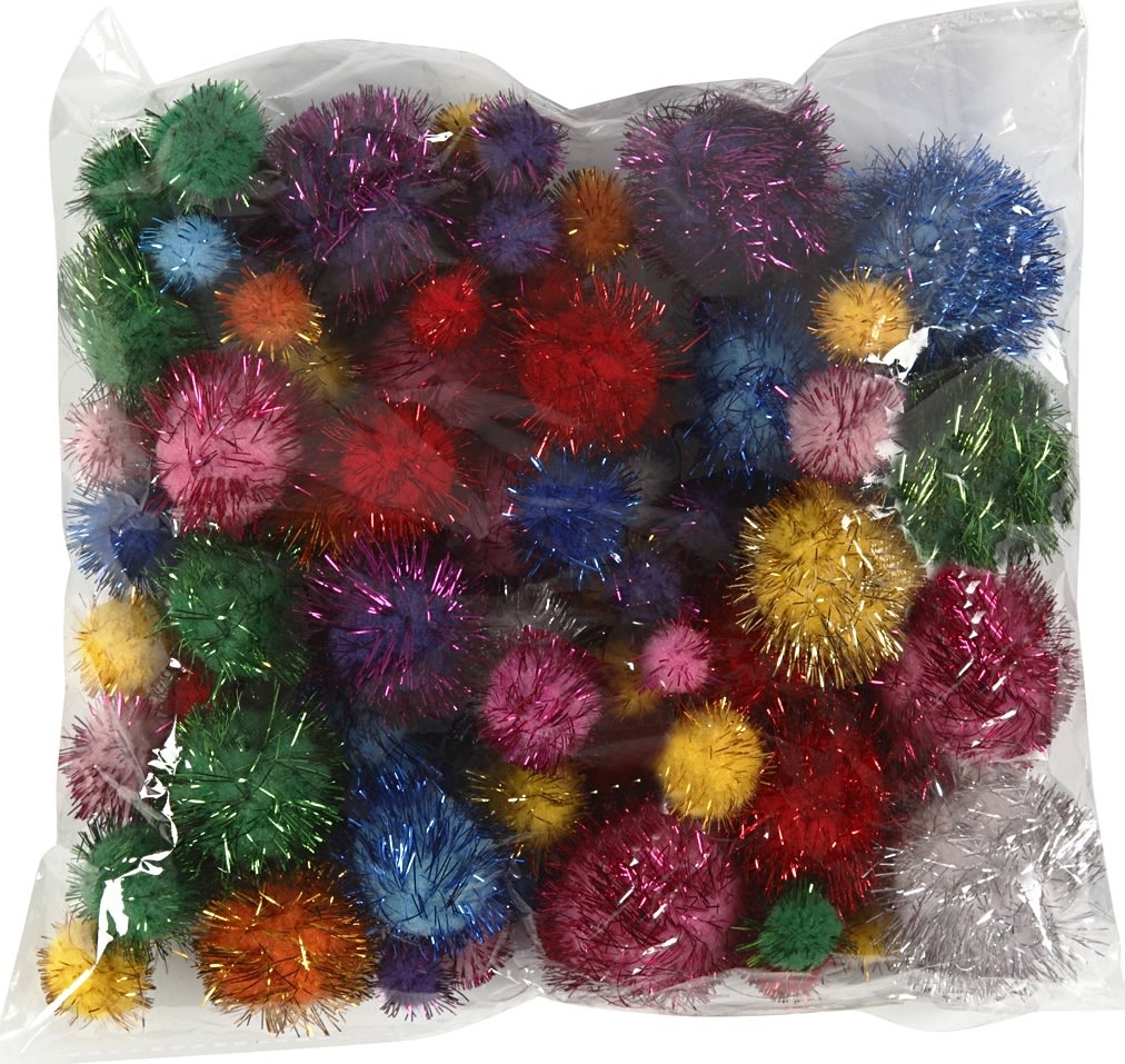 Pompoms 15-40 mm 75 st Blandade glitterfärger