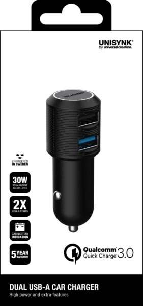 Billaddare UNISYNK 2x USB QC3+2,4A