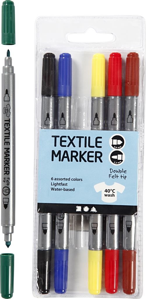 Textilpennor | Dubbelspets | 6 standardfärger