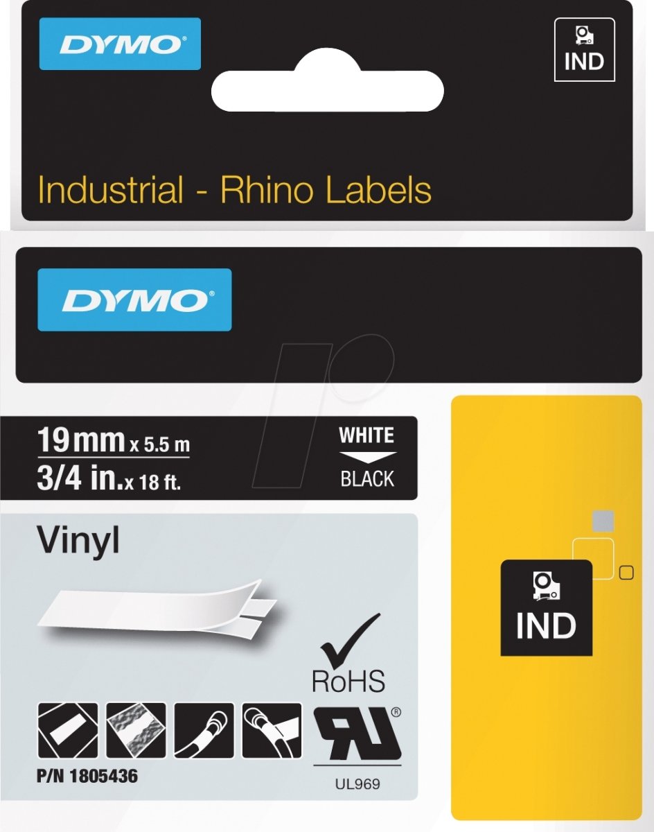 Etiketter Dymo Rhino Vinyl 19 mm x 5,5 m Vit på sv