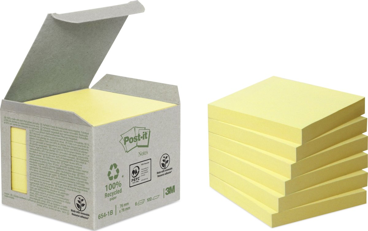 Post-it Green Notes 76x76 mm, återvunna, gul