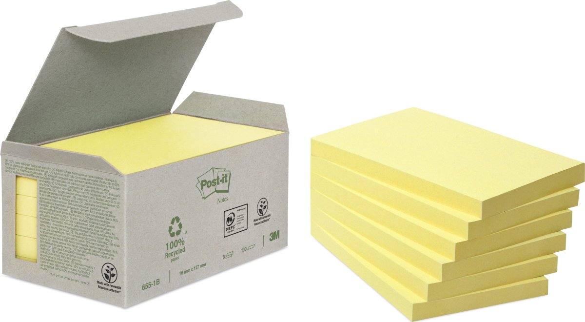 Post-it Green Notes 76x127 mm, återvunna, gul