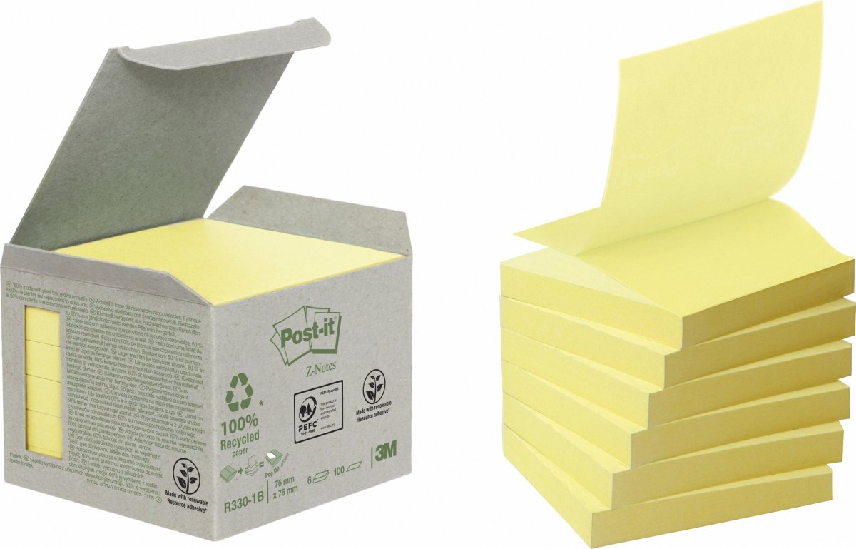 Post-it Green Z-notes 76x76 mm, återvunna, gul