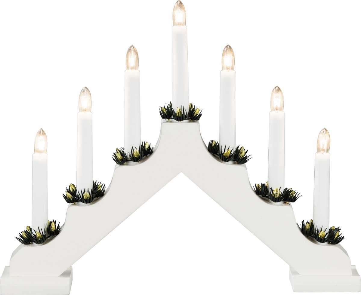 Trappsteg i Trä med 7 ljus och pynt, vit