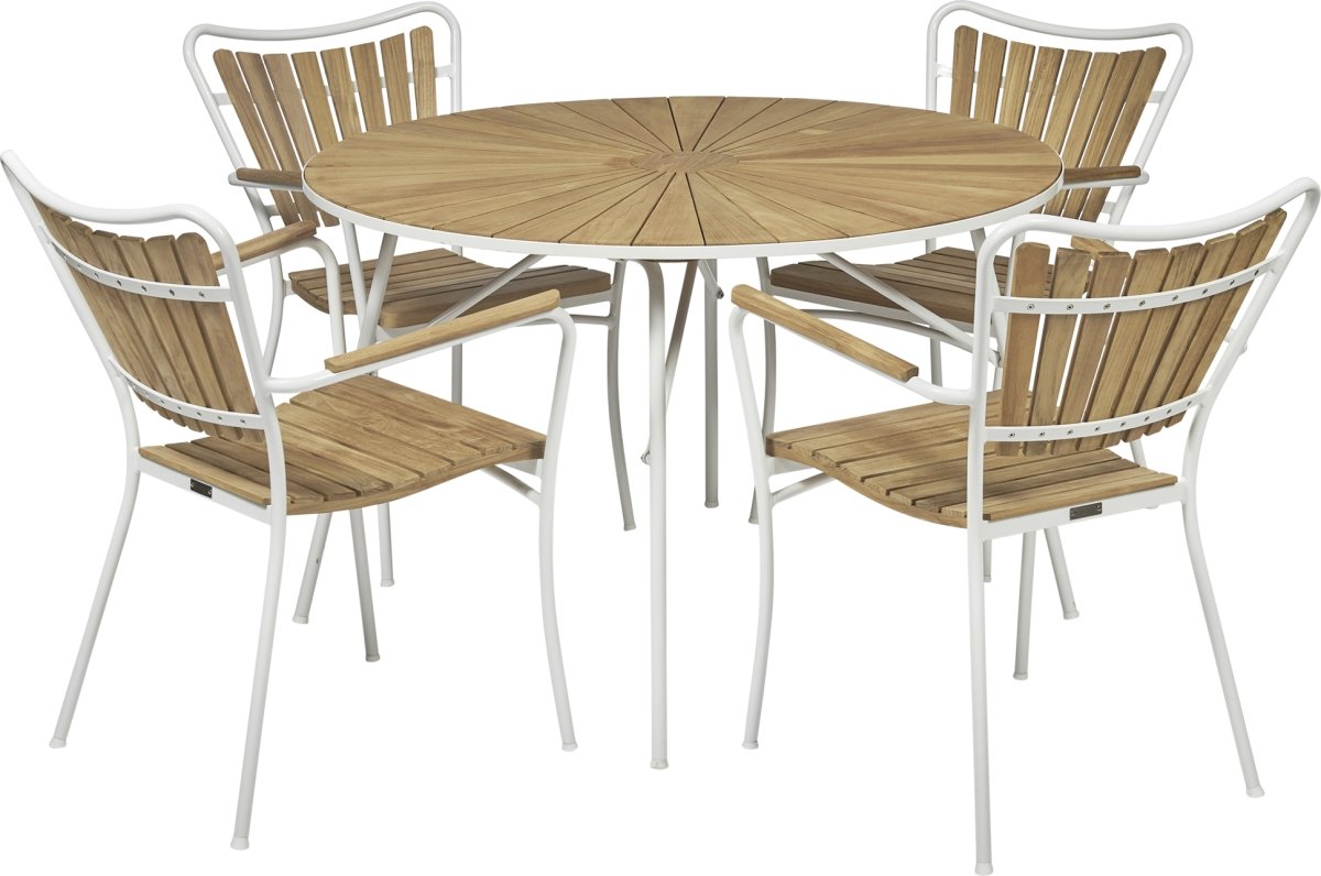 Marguerit trädgårdsbord ø120 cm + 4 stolar, Vit