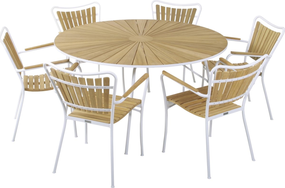 Marguerit trädgårdsbord ø140 cm + 6 stolar, Vit