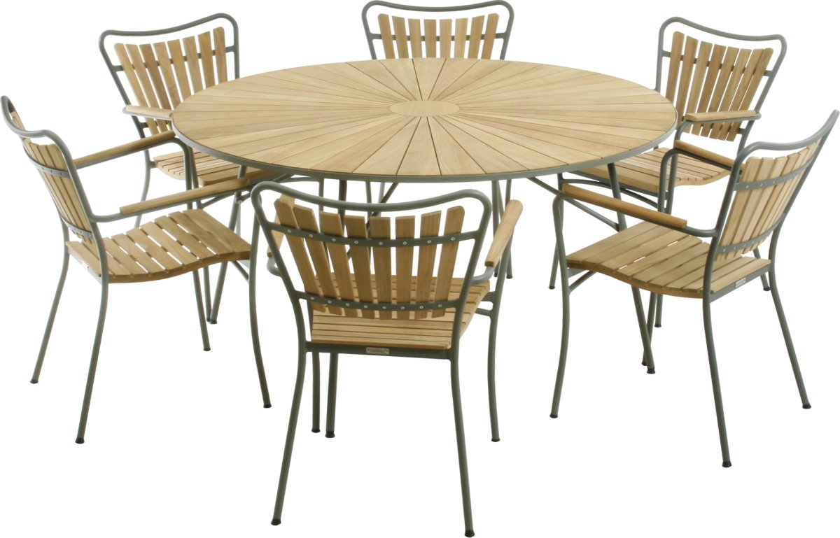 Marguerit trädgårdsbord/ø140cm + 6 stolar/Olivgrön