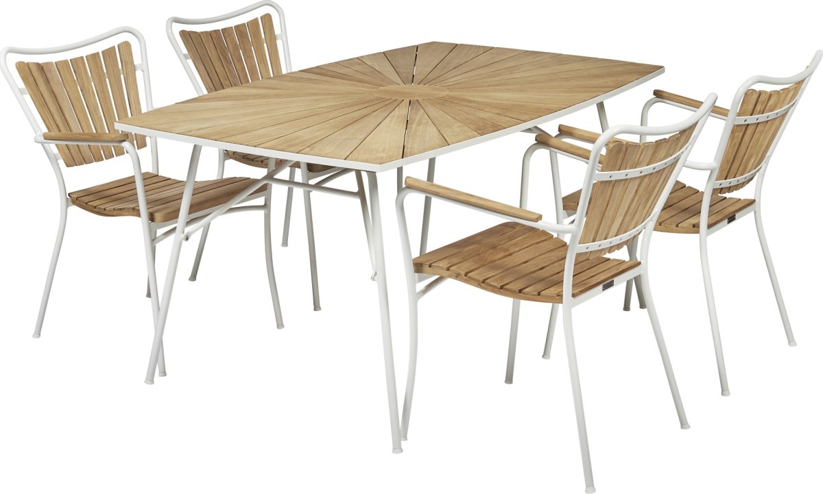 Marguerit trädgårdsbord L.144 cm + 4 stolar, Vit