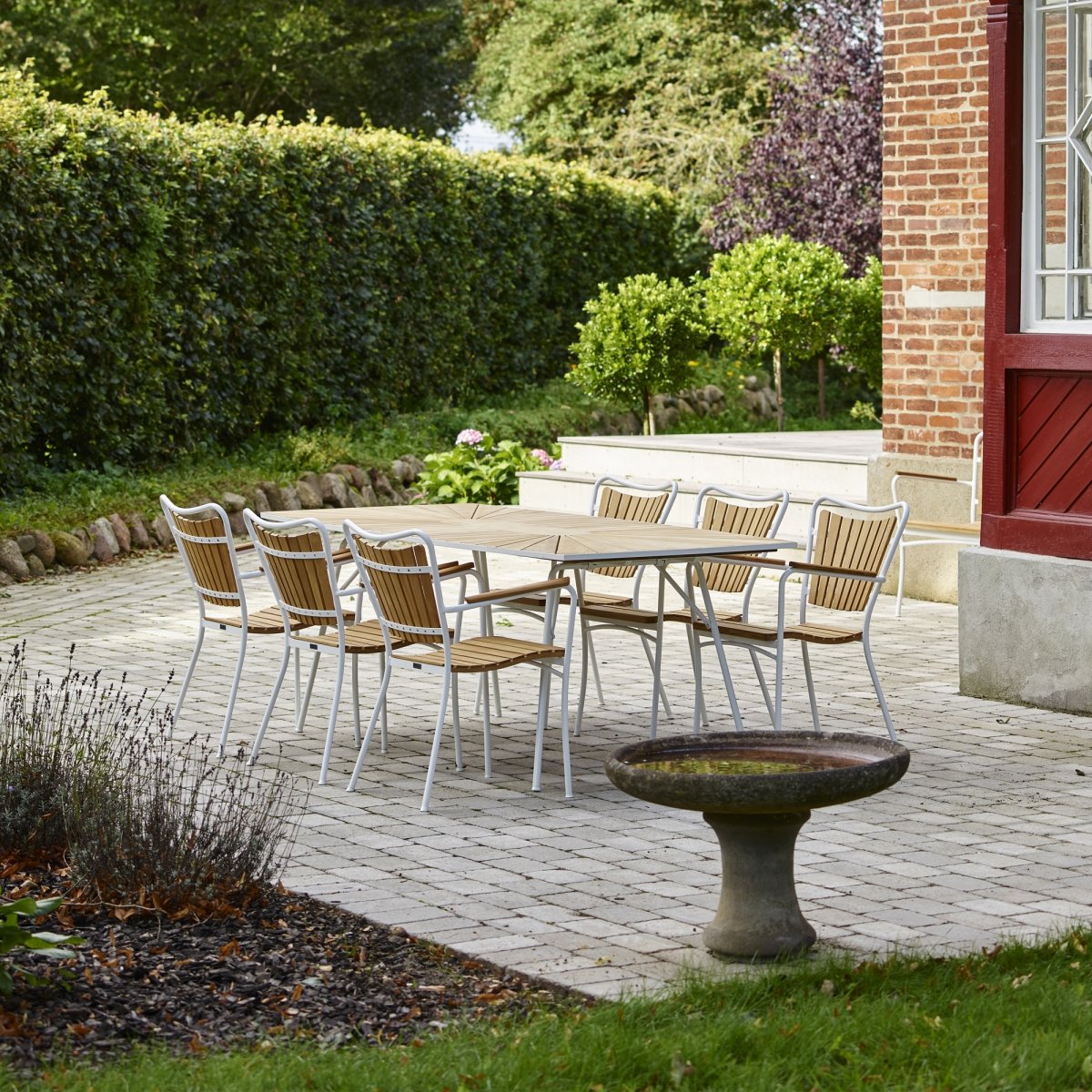 Marguerit trädgårdsbord L.200 cm + 6 stolar, Vit