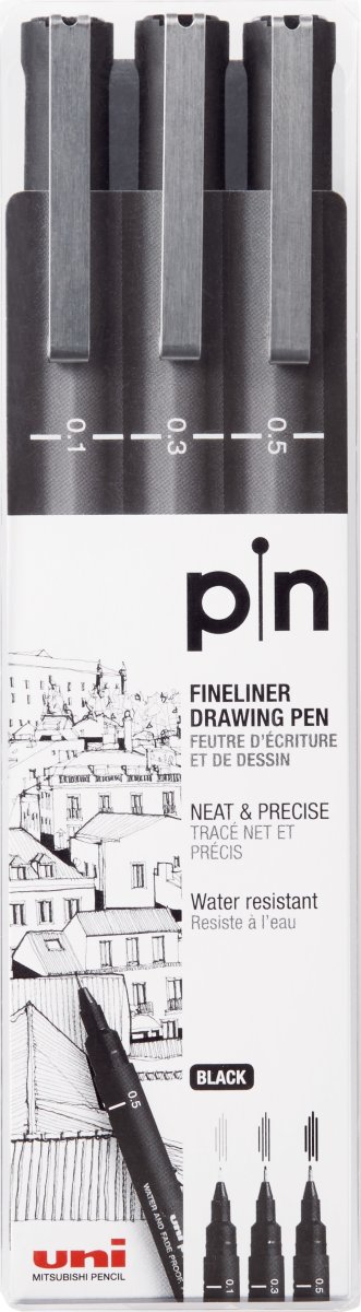 Uni Pin Fineliner | 3 st | 0,1-0,3 mm | Svart
