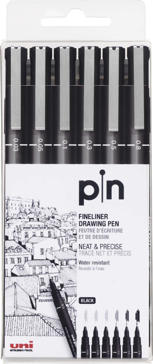 Uni Pin Fineliner | 6 st | 0,03-0,8 mm | Svart