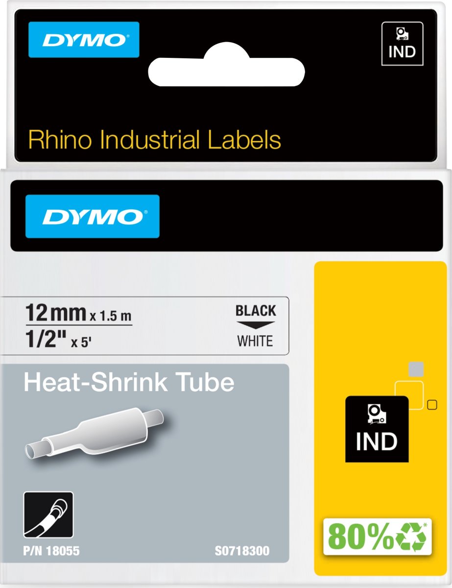Dymo Rhinopro, 12 mm, krympslangstape, vit