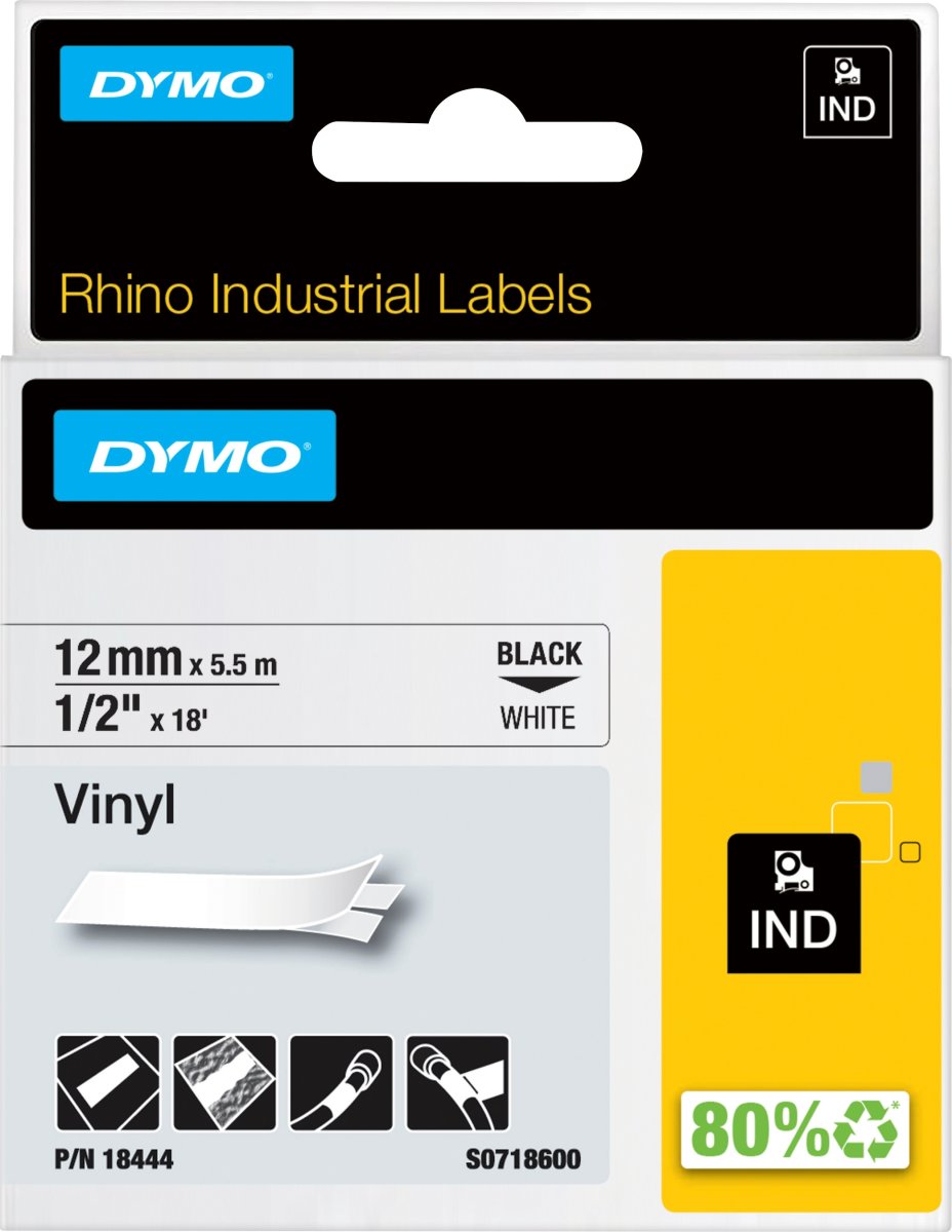 Dymo Rhino Vinyltape, 12 mm, svart på vit