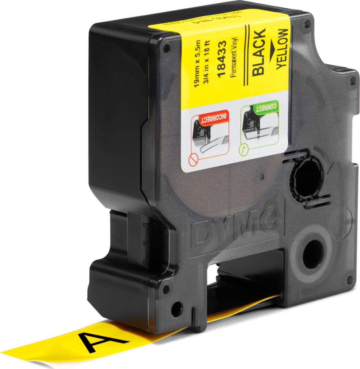 Dymo Rhino Vinyltape 19mm, svart på gul