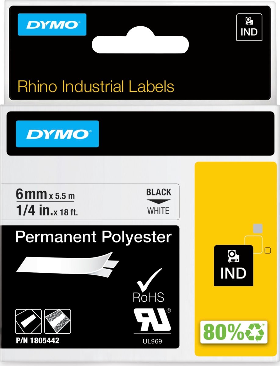 Dymo Rhino Permanent Polyester, 6 mm, svart på vit