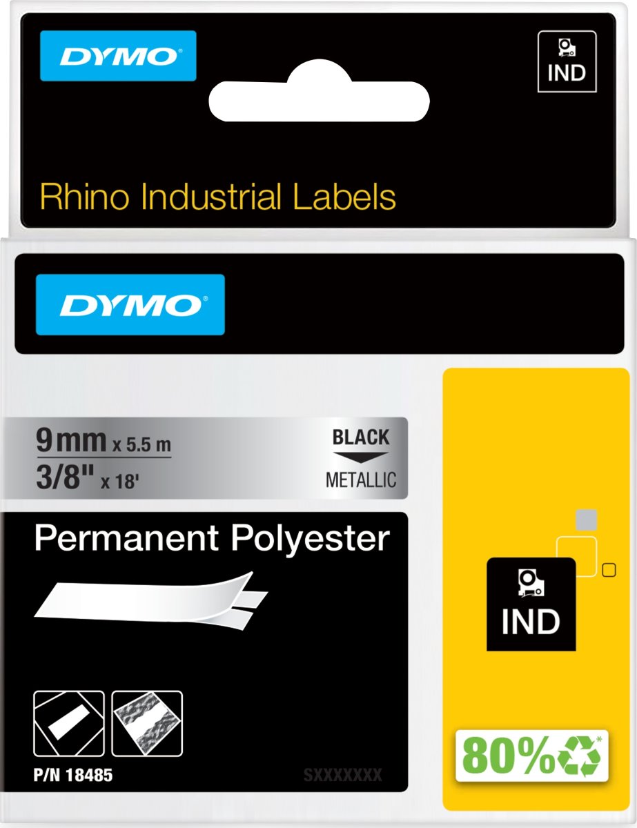 Dymo Rhino Permanent Polyester, 9 mm, svart på met