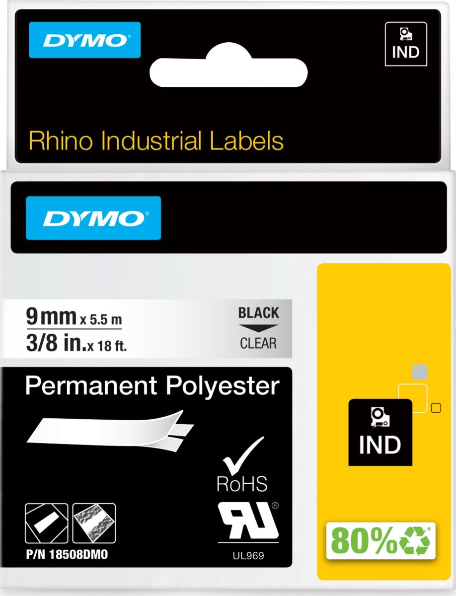 Dymo Rhino Permanent Polyester, 9 mm, svart på kla