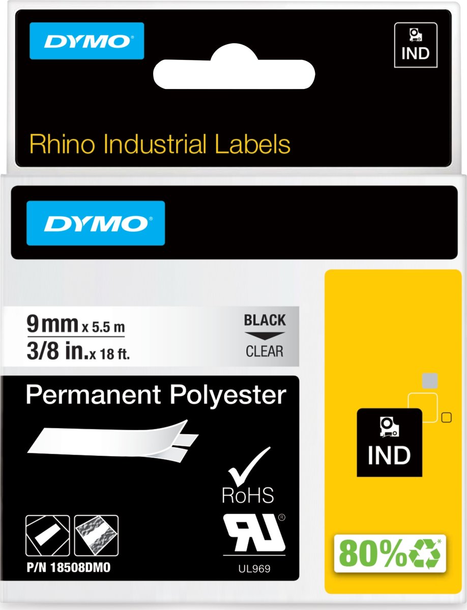 Dymo RHINO Permanent Polyester 9mm, svart på klar