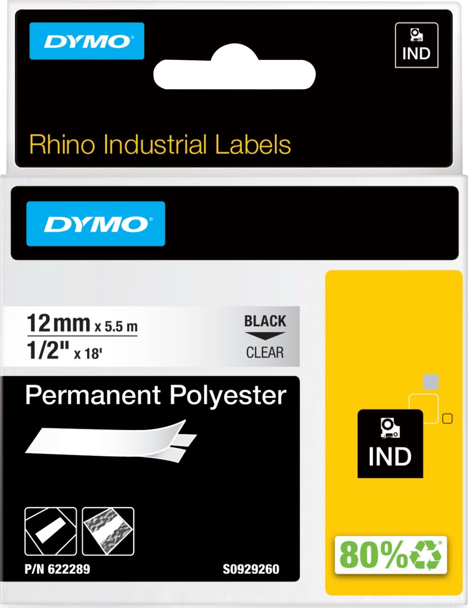 Dymo Rhino Permanent Polyester, 12 mm, svart på kl
