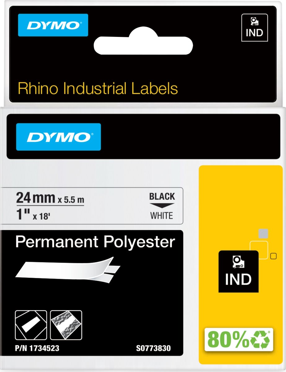 Dymo RHINO Permanent Polyester 24mm, svart på vit