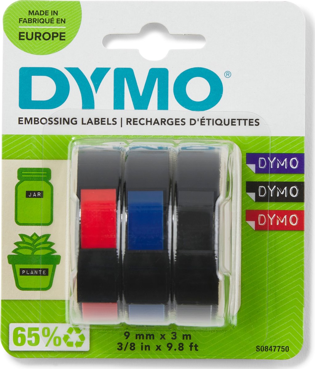 Dymo 3D präglingstape, 9 mm x 3 m i svart/röd/blå