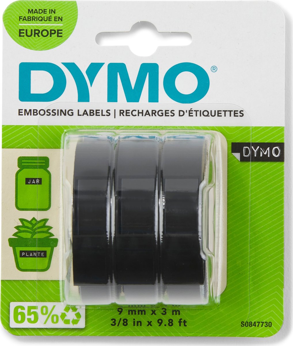 Dymo 3D präglingstape med lim, 9 mm, svart, 3 st