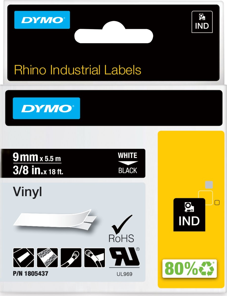 Dymo Rhino Vinyltape, 9 mm, vit på svart